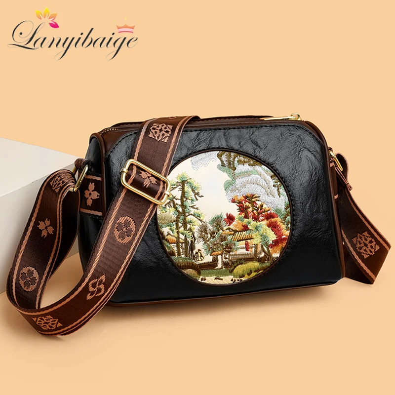 

Fashion Embroidery Women Purses and Handbags Crossbody Luxury Designers High Quality Solid Color Leather Shoulder Messenger Bags