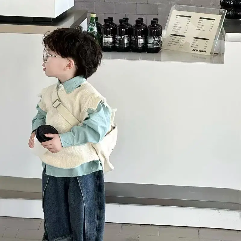 

Children's Clothing Set Spring and Autumn 2026 New Baby Boys' Knitted Vest Shirt+Jeans Three-Piece Set