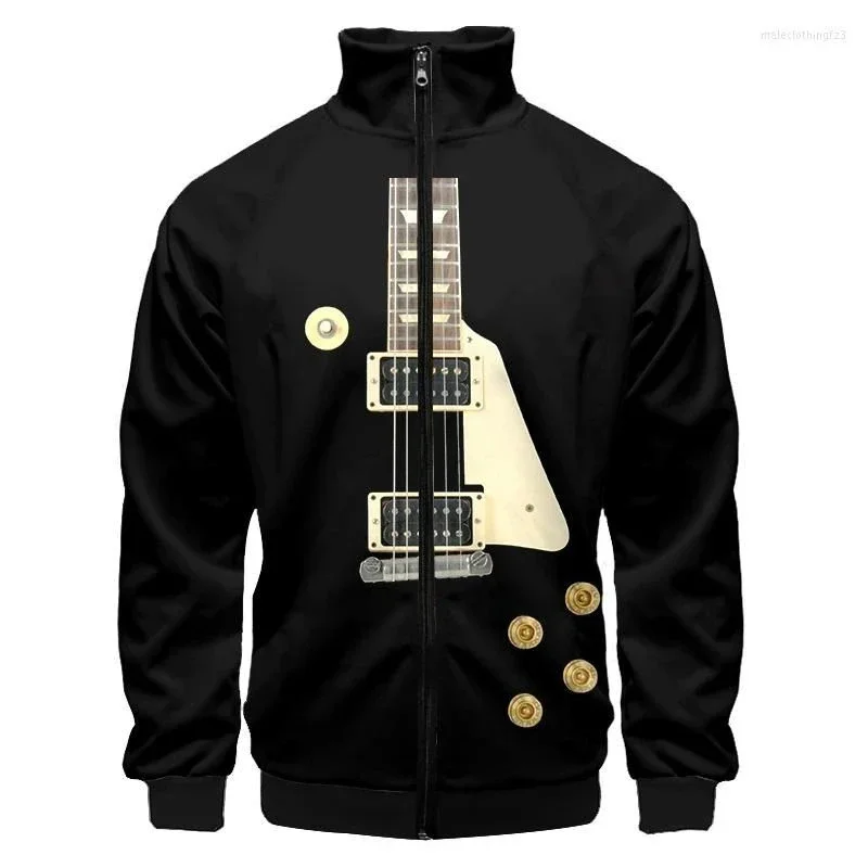 3D Printed Funny Guitar Piano Zipper Jacket For Men Music Pattern Long Sleeves Casual Fashion Lapel Street Coat Tops Jackets