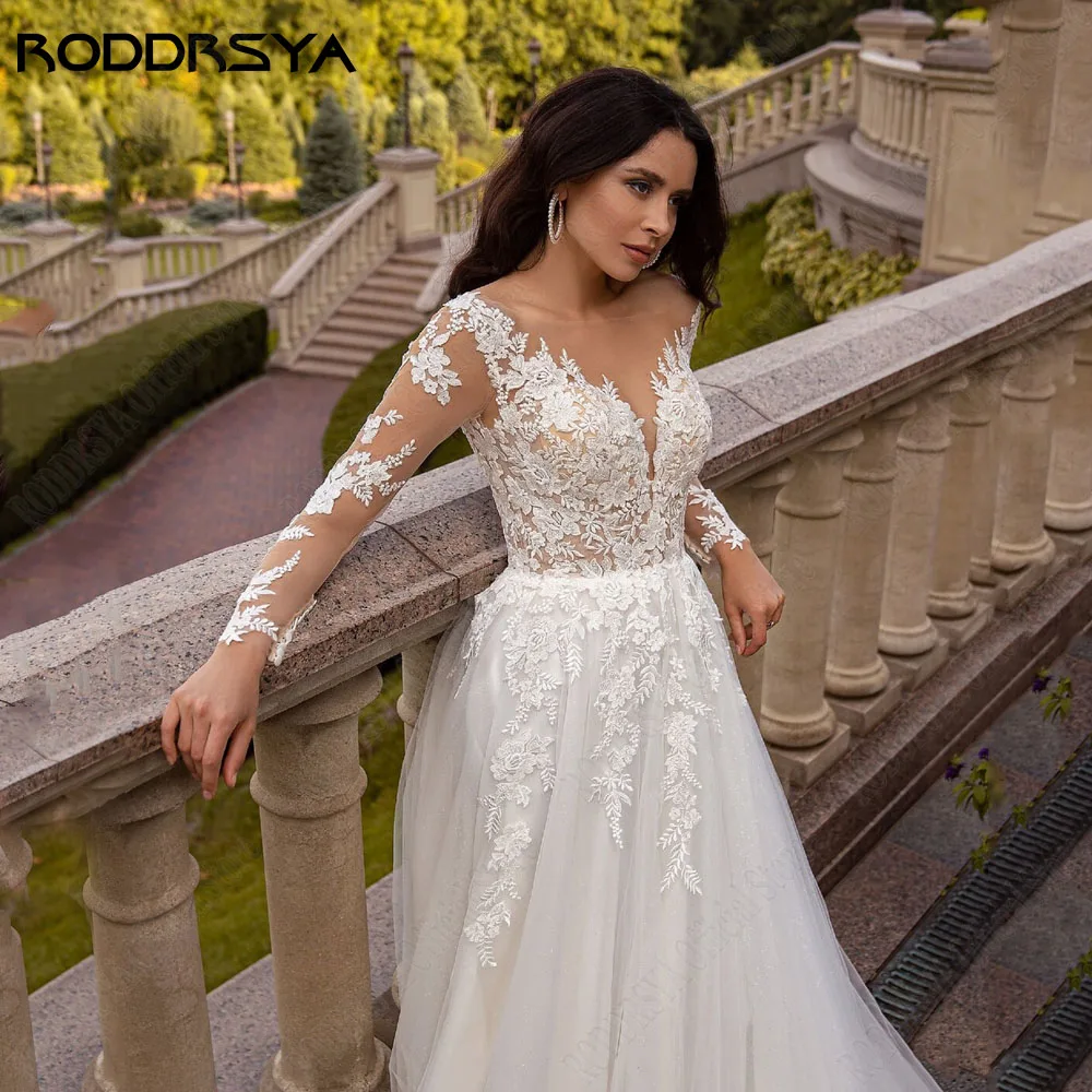 RODDRSYA gaun pernikahan renda leher-o Boho untuk pengantin lengan panjang A-Line dengan kancing Applique 2024 gaun pengantin Vestidos De Novia