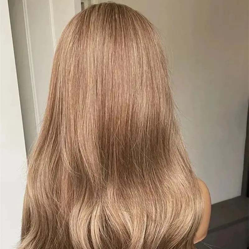 Peruca de aparência natural para mulheres tom quente mel loira com balayage marrom médio gluelese peruca dianteira do laço sintético cosplay/festa