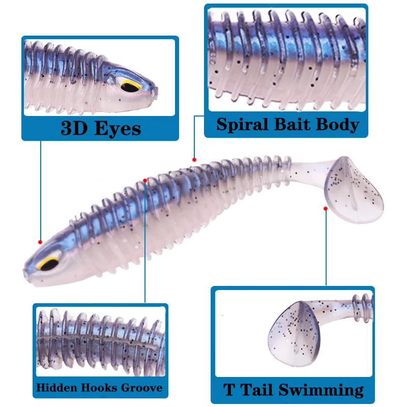 5 sztuk/partia 8cm 4.5g Paddle Tail Fishing miękkie przynęty 3D Eyes Jigs Wobblers spiralne silikonowe sztuczne gumowe przynęty dla Bass Pike Carp