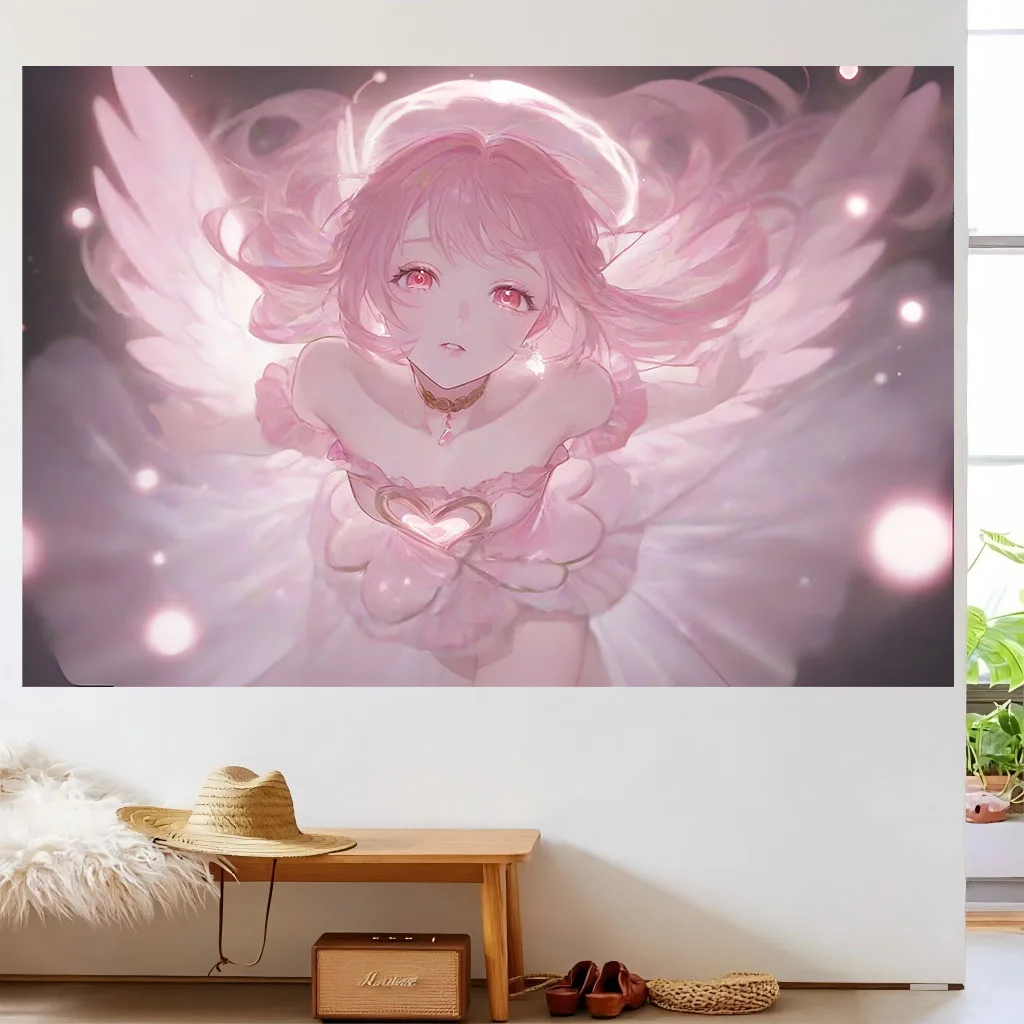 Pink Angel Anime Girl Tapestry Aesthetic Wings Wall Hanging Soft Pastel Kawaii Art Wall Tapestry Bedroom room decoration items
