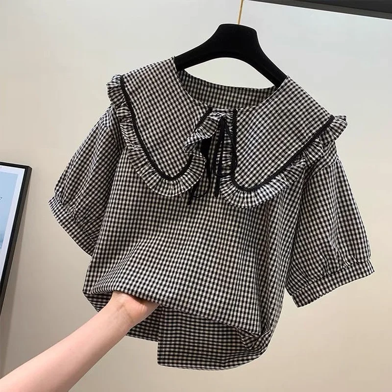 Summer Blouses Women Vintage Comfortable Plaid Chic Ladies Ulzzang Student All-match 2 Styles Casual Cozy Hipster Lace-up Design