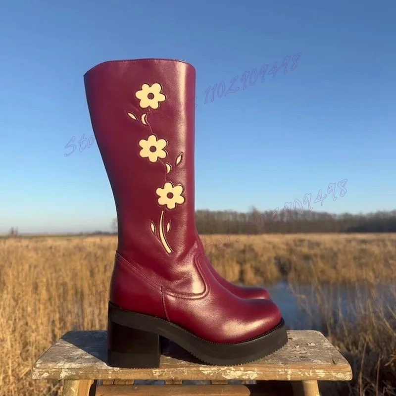 Rote Blume Stickerei Plattform Stiefel runde Zehen mittlere Wade Schuhe für Frauen mattes Leder klobige Ferse Schuhe 2024 zapatos para mujere