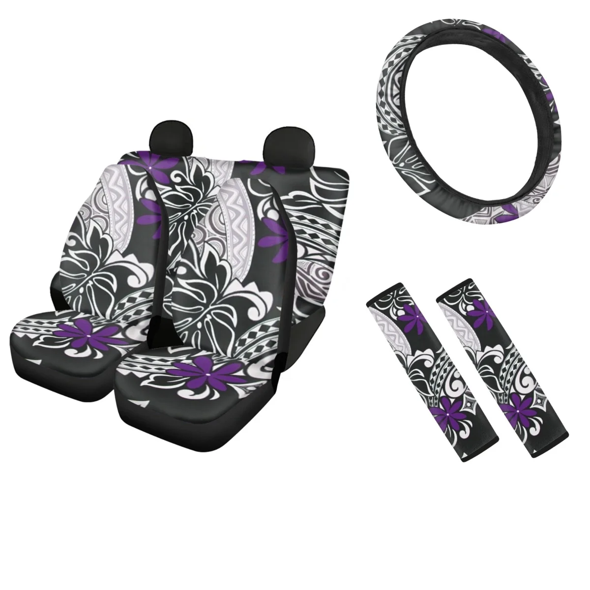 INSTANTARTS Car Seat Cover Polynesian Hibiscus Floral Pattern Auto Steering Wheel Protector Seat Belt Cushion Shoulder Strap Set