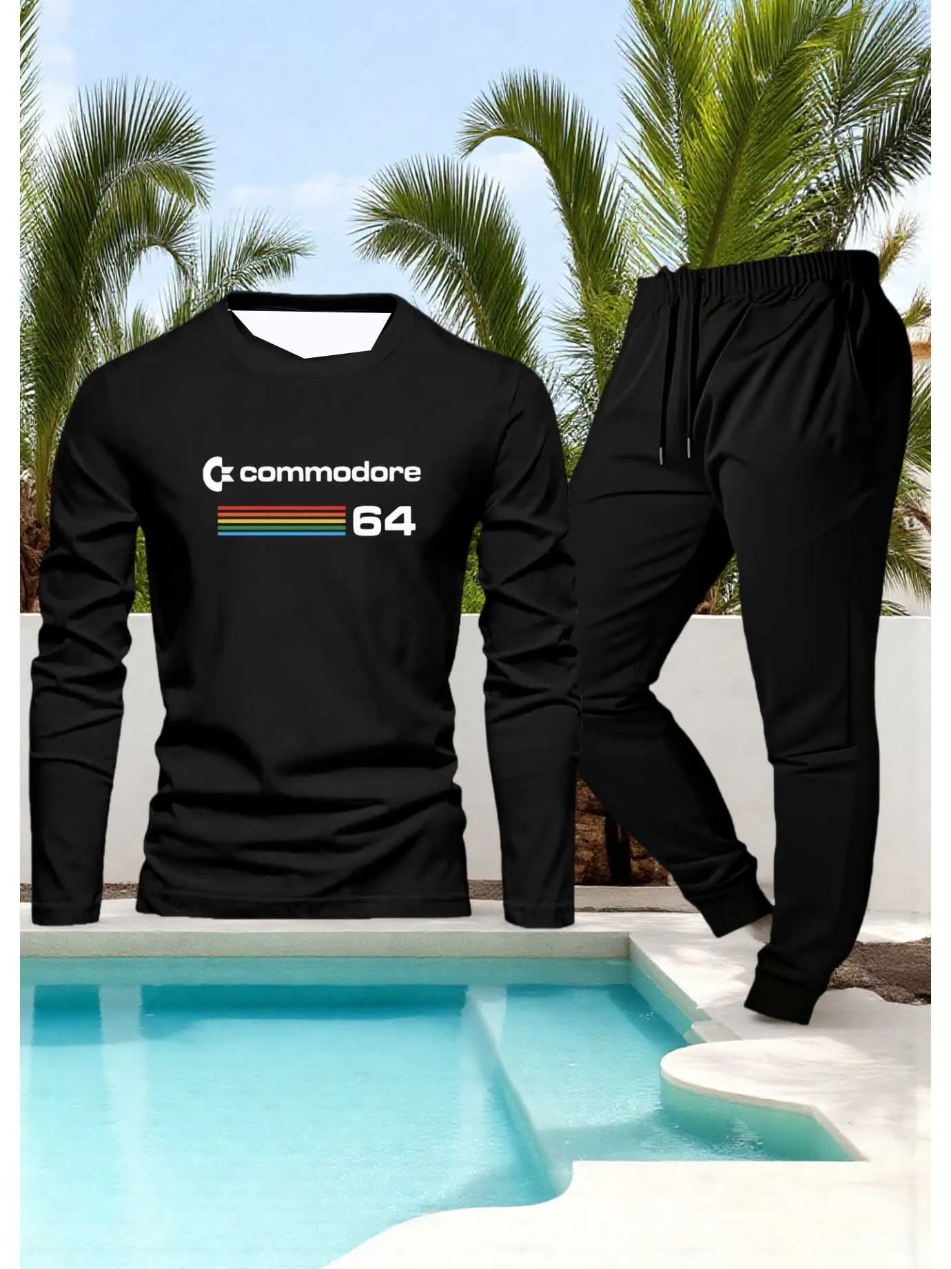 

Autumn fashion Y2K men's sports suit simple 3D printed quick drying long sleeved T-shirt outdoor fitness essential two-piece set