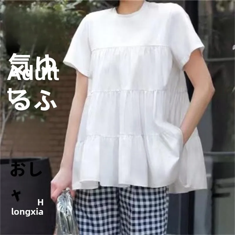 Slim Fit Summer New Women's T-irt Fluffy Layered ort Sve round Ne Top Breathable Comfortable Cotton Pure Color