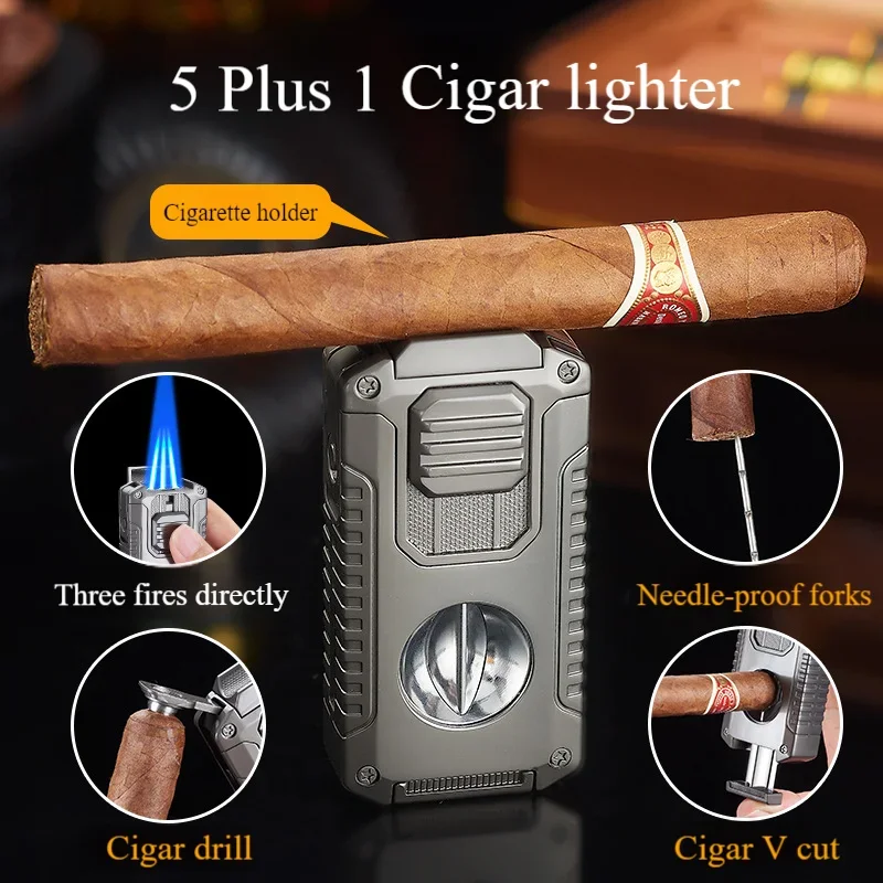 

Multifunctional Five in One Powerful 3 Jet Gas Lighter Cigar V Cutter with Punch Needles Picker Butane Windproof Cigar Lighter