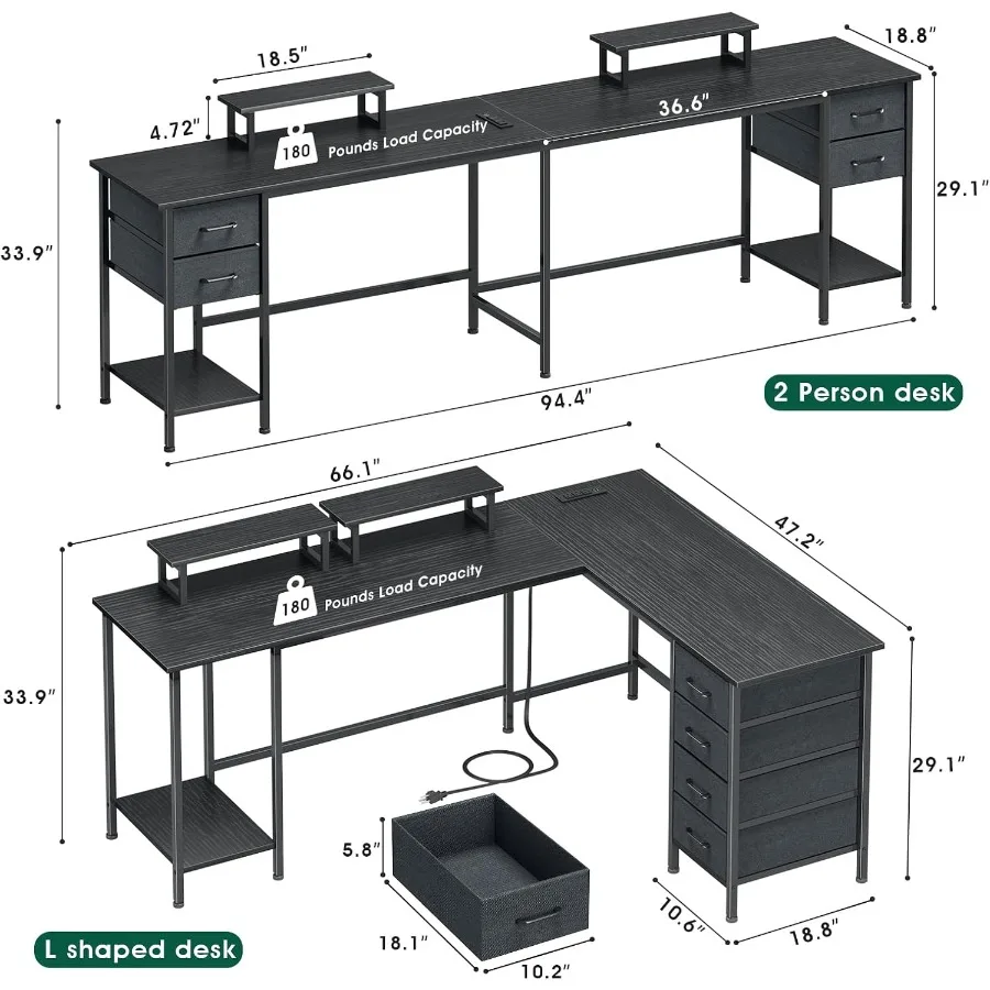 مكتب كمبيوتر 66 لتر على شكل 94.4 بوصة مكتب منزلي مع منافذ طاقة 4 أدراج تخزين قابلة للتعديل 2 حامل شاشة كبير اثنين من Pe #3