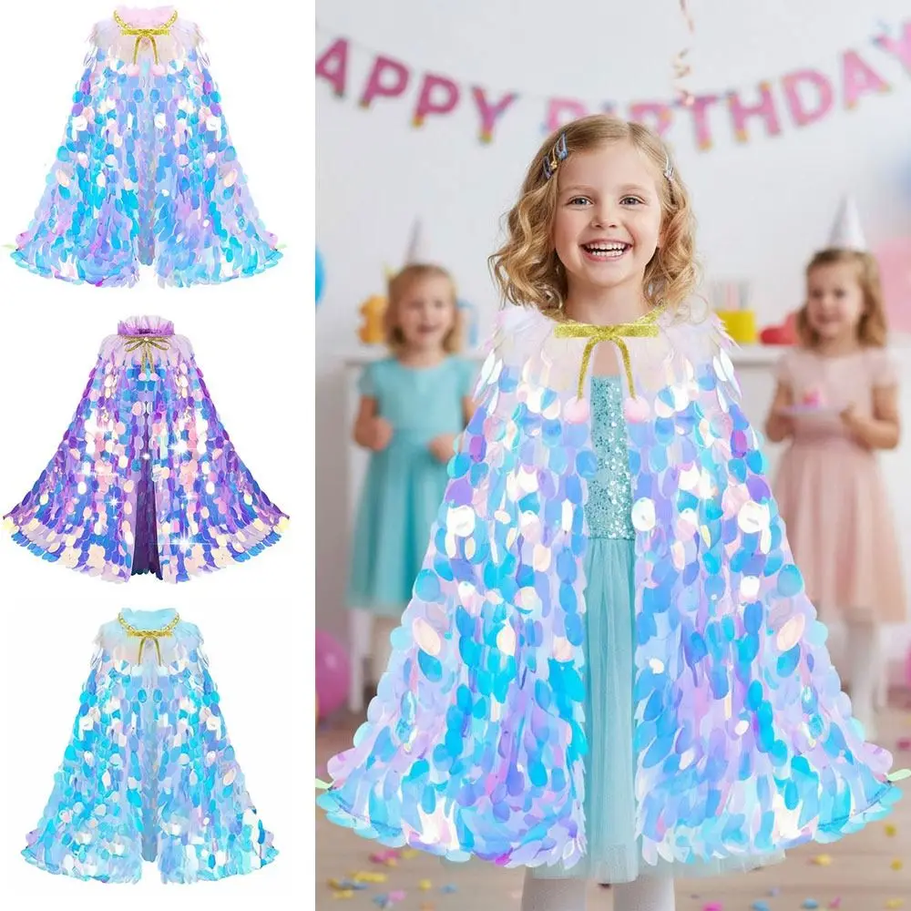 Cute Birthday Party Dress Up Mermaid Sequin Cape Dress Prop Gift Sequined Clothes Princess Sequins Shawl Children