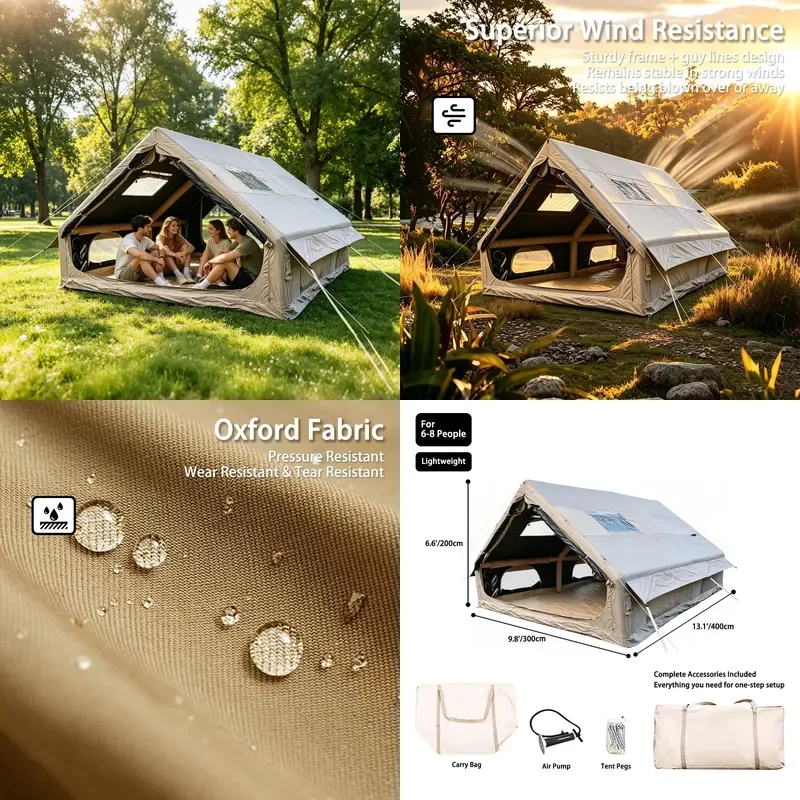 2026 Hot 12㎡ Inflatable Ridge Tent with Black Vinyl Coating, UPF 50+ Darkroom Air Tent for 6-8 People, Doors