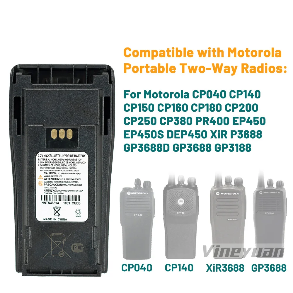 Bateria de substituição NI-MH para Motorola, rádio em dois sentidos, NNTN4851, GP3688, GP3188, XiR P3688, CP040, CP140, CP160, CP200, EP450, 7.2V, 1500mAh