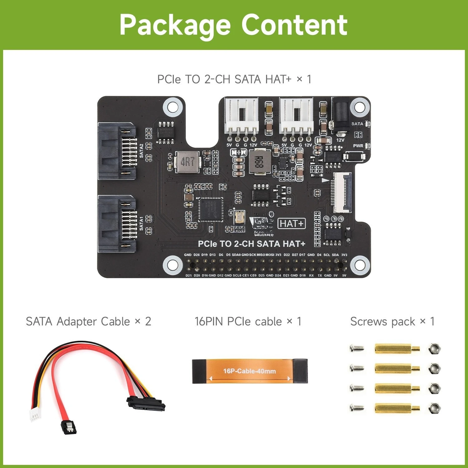 For PCIe To 2-Ch SATA Adapter For Raspberry Pi 5, for SATA Hard Drive