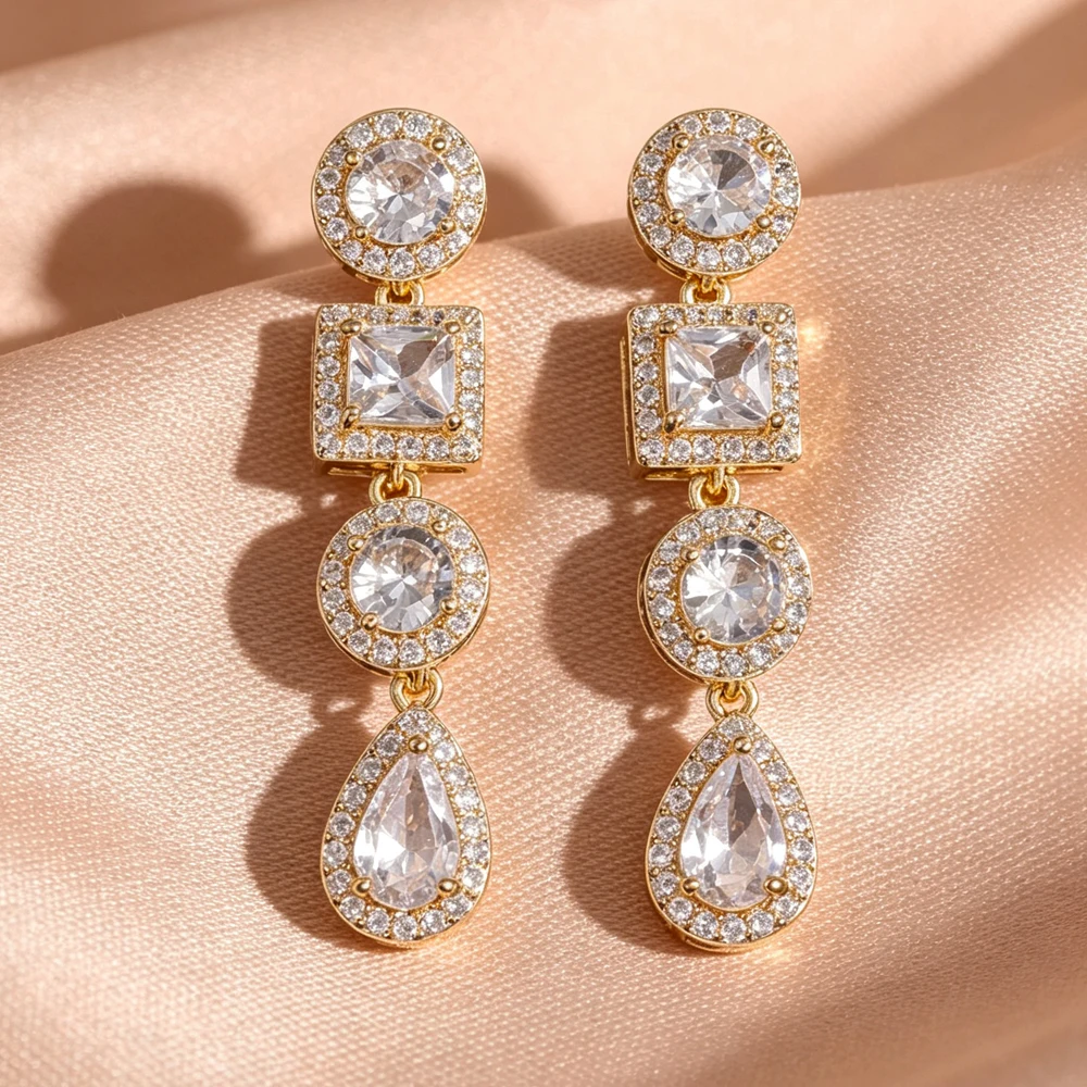 ZAKOL Luxuriöse Elegante Mehrfach-Form Zirkon Lange Hängeohrringe für Damen Rund Quadratisch Tropfenförmig CZ Ohrschmuck Geschenk – Detail 4