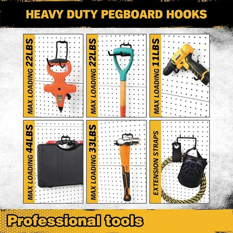 FYBL Pegboard Hooks 12Pcs with Extension Straps, for 1/4 Inch Peg Board Tool Utility Hangers for Garage Workshop