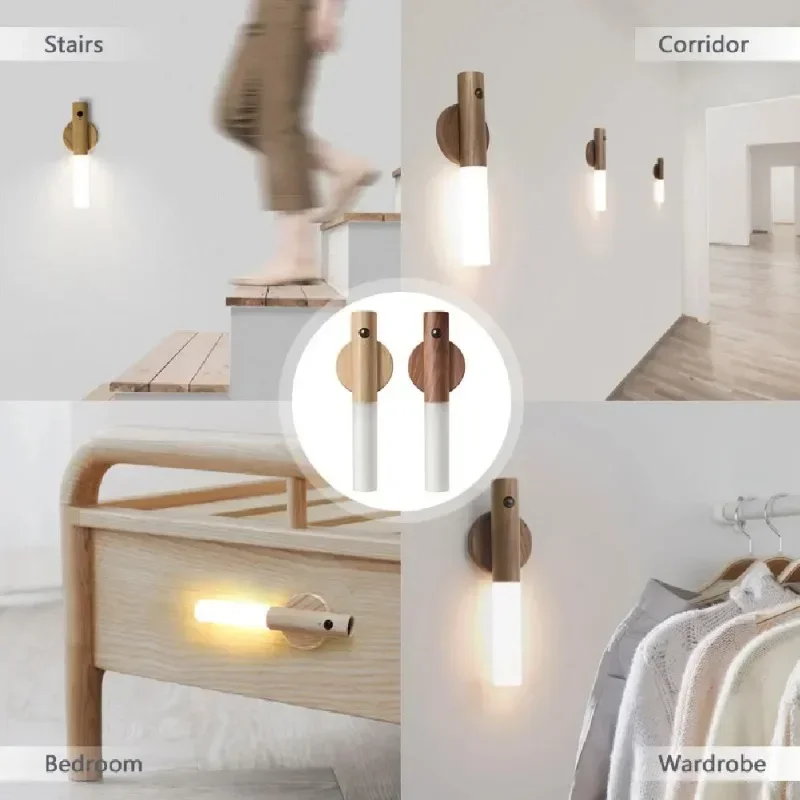 LED Wood Night Light Rechargeable Magnetic Wall Lamp Wireless Type-c Usb LED Motion Sensor Light Portable Bedside Lighting Lamp