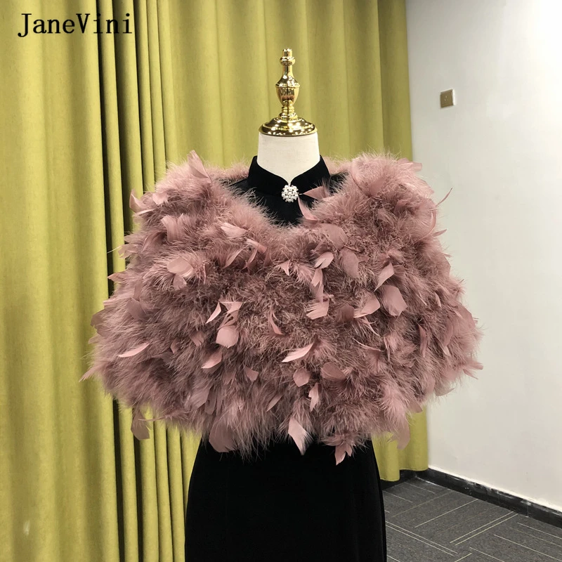 JaneVini Luxury Ostrich Faux Fur Shawls Elegant Black Ostrich Feather Cape Bolero Wedding Coats Bridal Wraps Jackets for Evening