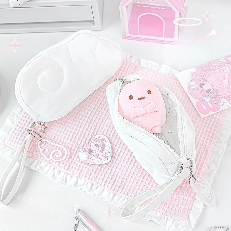 أجنحة الملاك المحمولة حقيبة التخزين Kawaii القطن حقائب مكياج للفتيات Y2k نمط محفظة نسائية للعملات المعدنية مع سلسلة مقلمة الطالب 2026