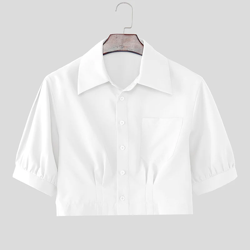 INCERUN Men's Shirt Solid Lapel Puff Short Sleeve Casual Crop Tops For Man Summer Loose 2026 Pockets Fashion Men Clothes Camisa