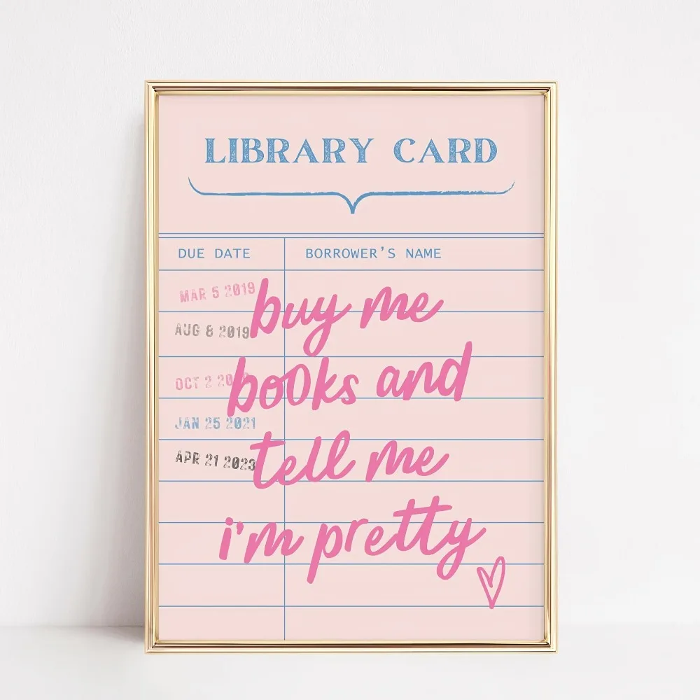 1pc Frameless Canvas Poster,Retro Pink Library Card Design with 