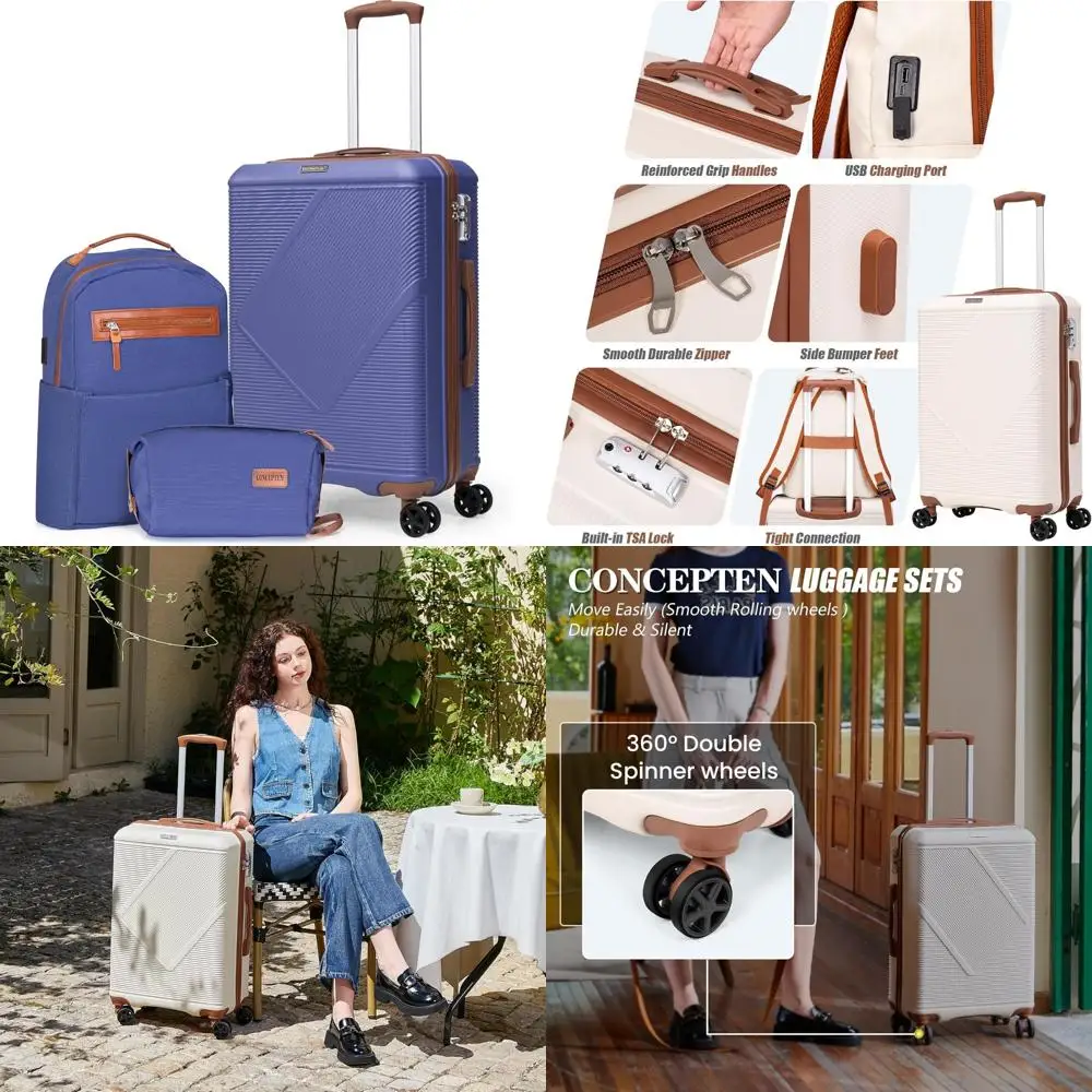 

Легкий набор чемоданов из трех предметов: 20-дюймовые ручные чемоданы Spinner с замком TSA, твердый корпус из АБС-пластика для путешествий