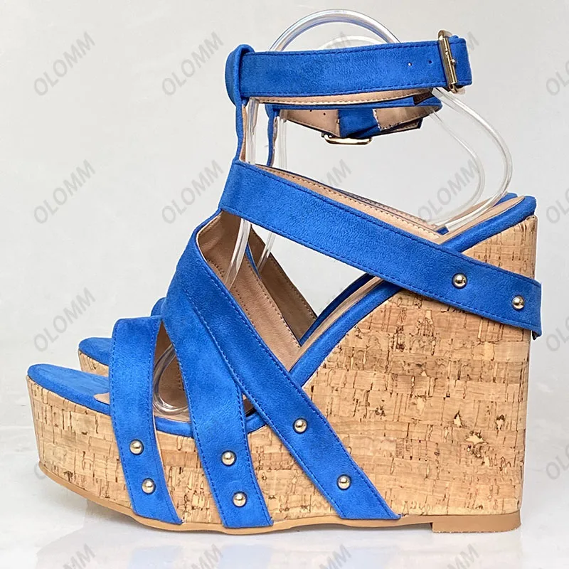 

Olomm New Handmade Women Platform Sandals Wedges Heel Open Toe Elegant Black Blue Purple Wine Red Party Shoes Size 35 47 52