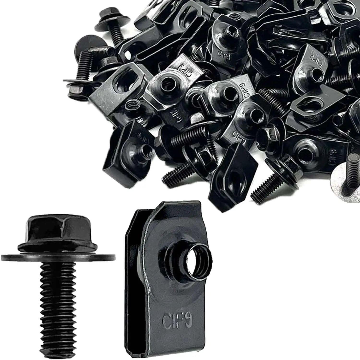 

100 Pcs M6-1.0 Body Bolts and U Nuts Kit for Bumper Fender Liner Push Pull Retainer, Universal Car Fastening Accessories, Steel