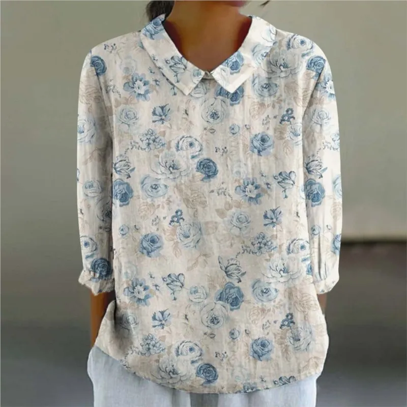 

New Vintage Floral Print Shirt For Women Autumn Long Sleeve Doll Collar Shirts Casual Loose Blouses And Tops Female