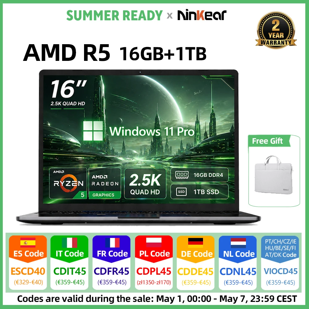 Ordinateur portable Ninkear A15 Pro AMD Ryzen 5, écran 16 pouces 120 Hz 2,5K, 16 Go, 1 To, déverrouillage par empreinte digitale, ordinateur de bureau