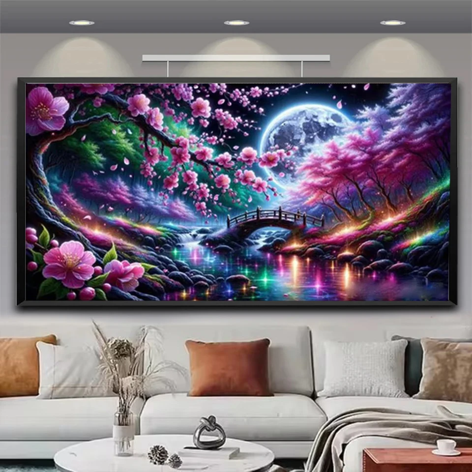 5D Elmas Boyama Kiraz Çiçeği Şelale Köprü Ay Manzara Tam Elmas Taklidi Mozaik Görüntü Nakış