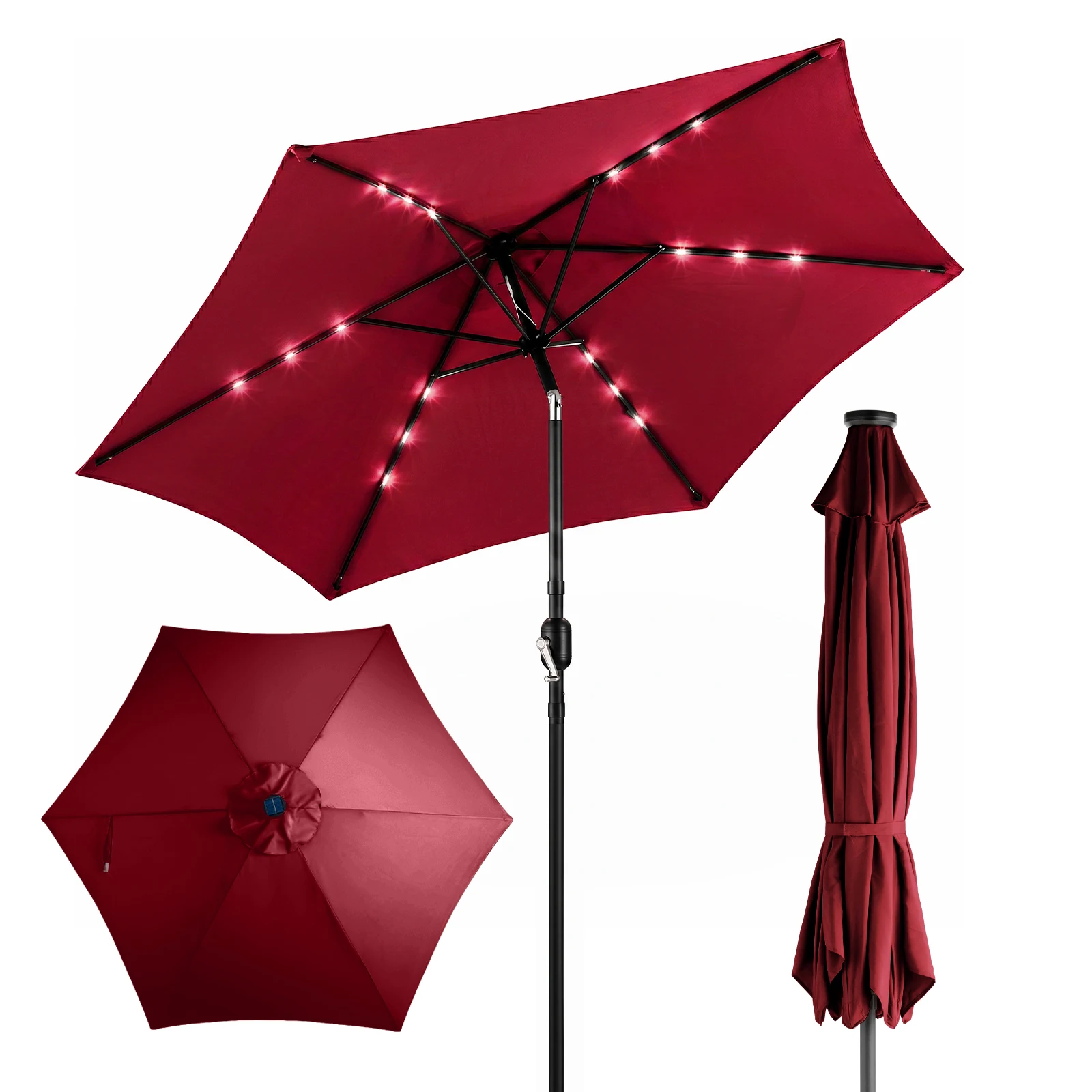 

9FT Solar LED Patio Umbrella Push Button Tilt Waterproof Burgundy