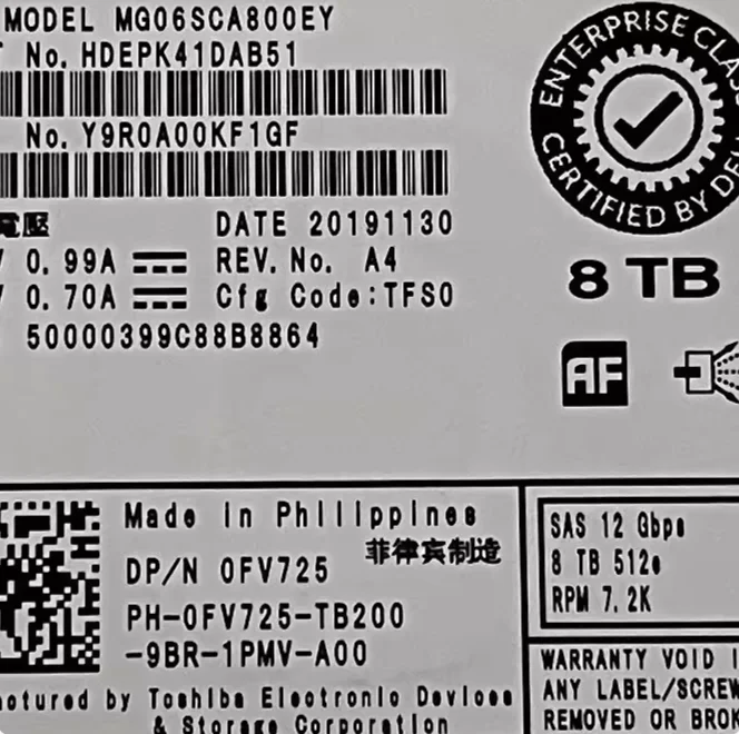For Dell 0FV725 8TB SAS 12G 7.2K MG06SCA800EY hard drive