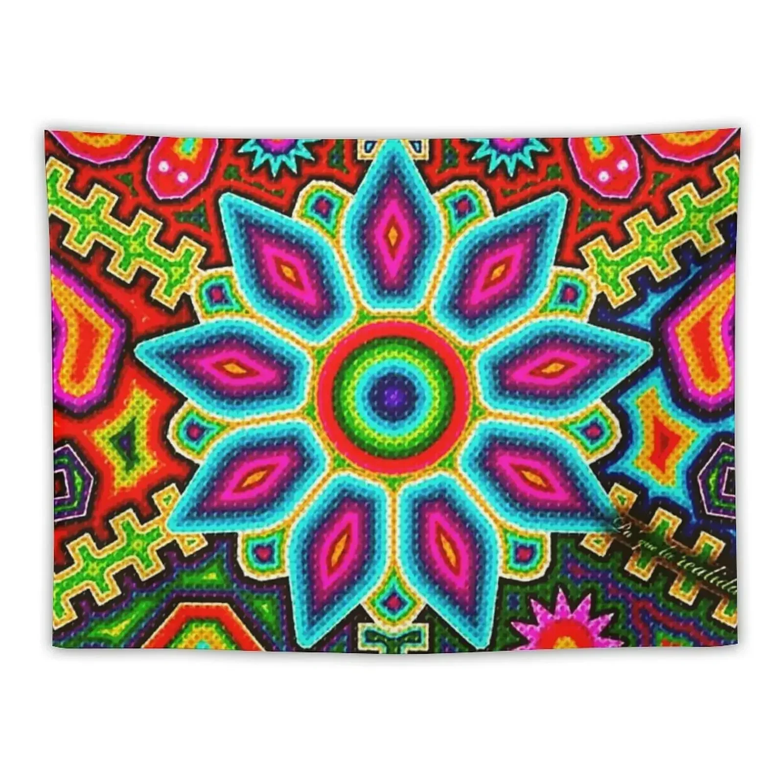 Mexican Colorful Huichol | Mexican Blanket Design | Large Cozy King Size | Vintage Folk Art - Tapestry