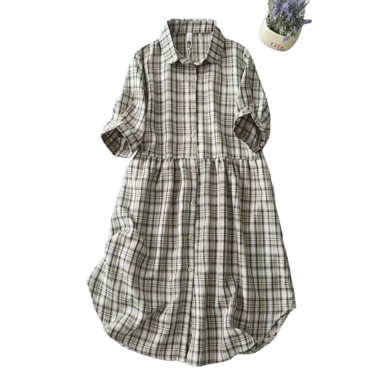

Pop Peter Pan Collar Vintage Plaid Shirt Dresses For Women New Summer Casual Loose Mini Dress Short Sleeve Office Lady Dresses