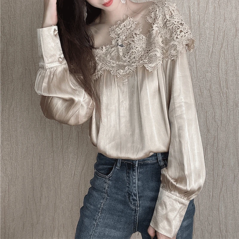 2023 Summer Fashion Lace Round Neck Fashion Sexy Women\'clothing Casual Versatile Pleated Long Sleeve Breathable Solid Color Top