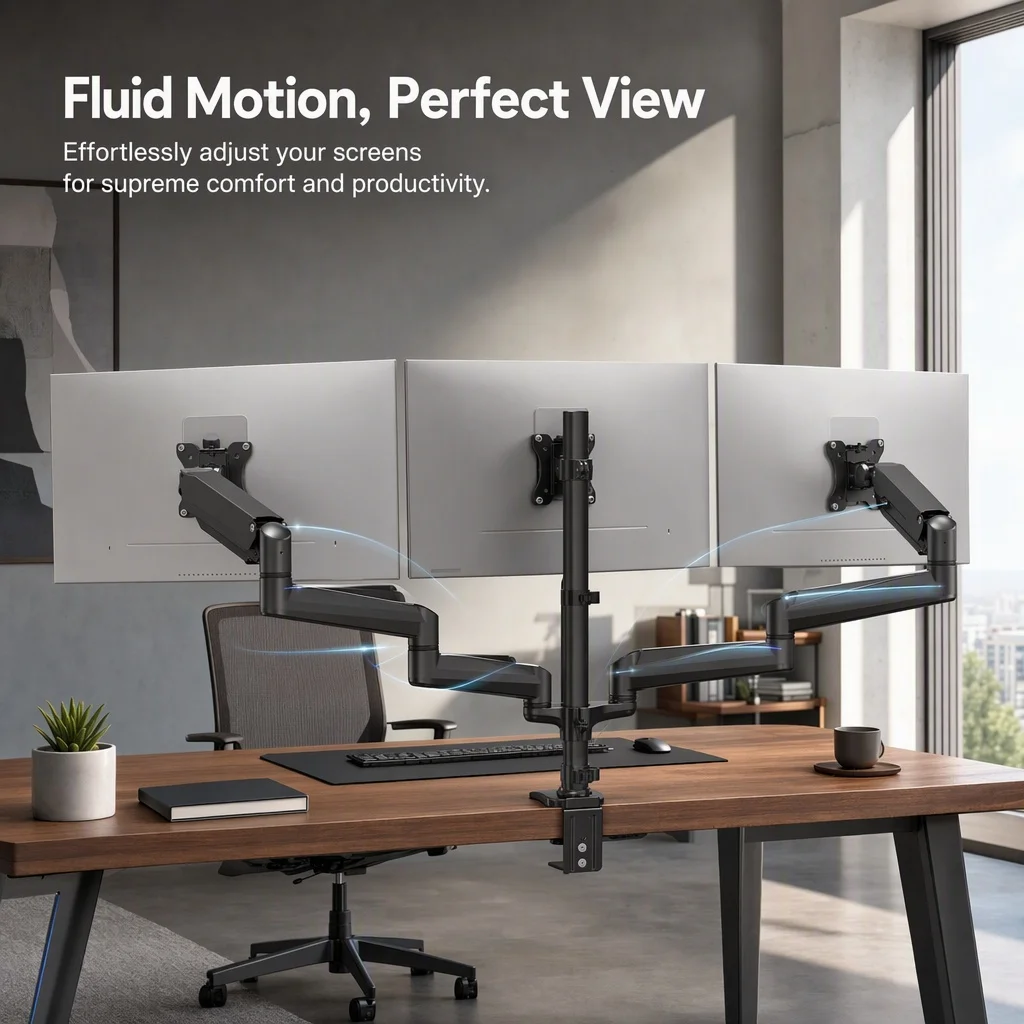 Triple Monitor Mount for 17 to 32 inch Screens, Adjustment Gaming Triple Monitor Stand with Swivel, Tilt, Rotation, Clamp & Grommet Kit