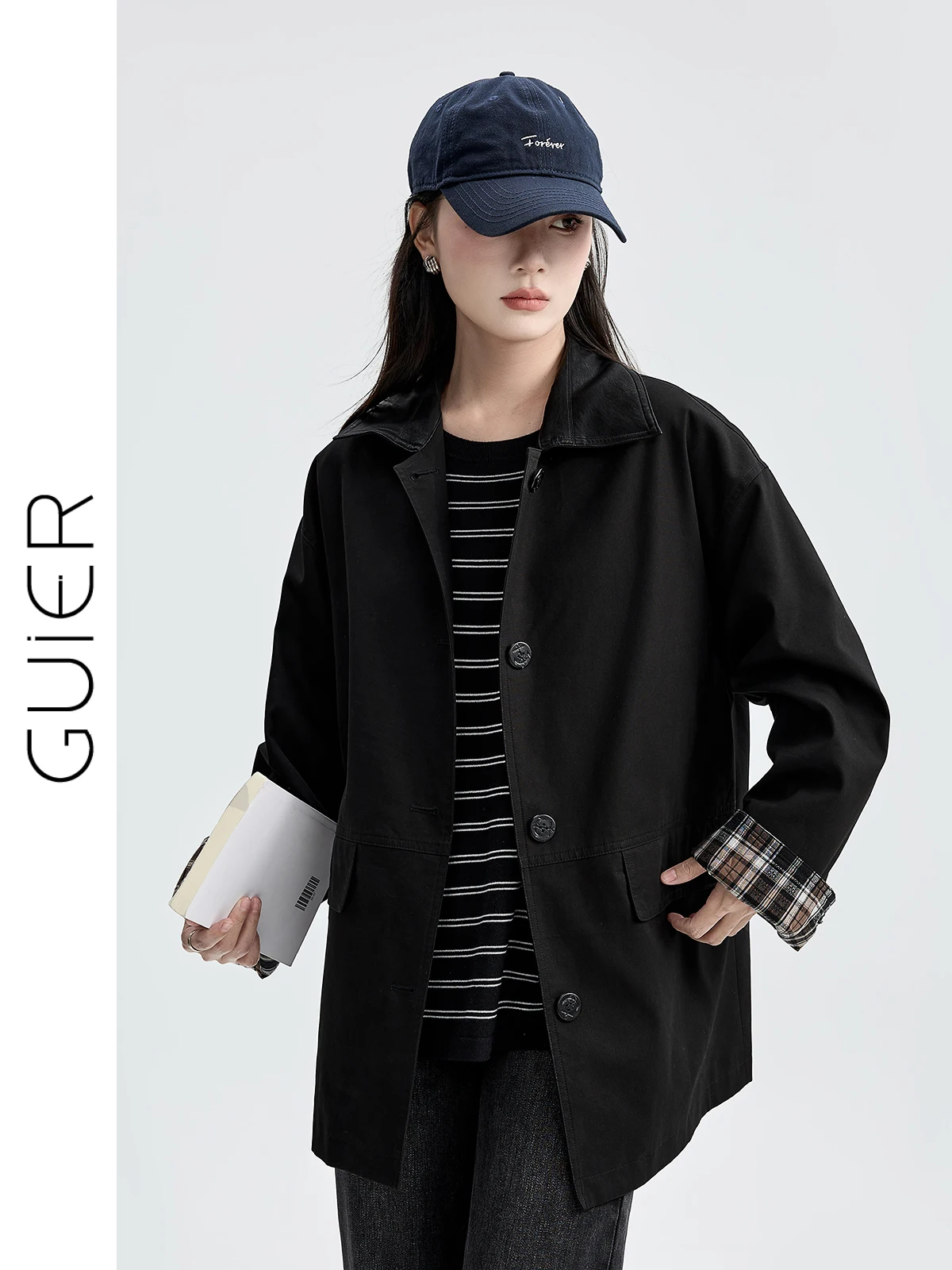 

Bla Plaid Splicing Loose Women's Jaet Autumn New Sle ort Coat Windbreaker Slimming EffectGuier Collar Single Button