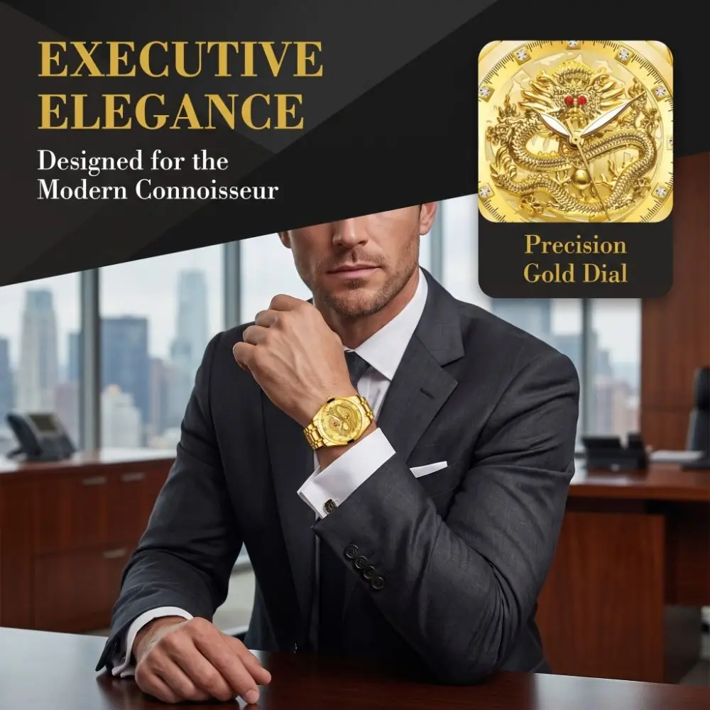 Luxury Stainless Steel Band Men's Watch Gold Color Big Dial Dragon Pattern Clock Calendar Date Luminous Quartz Watch Business