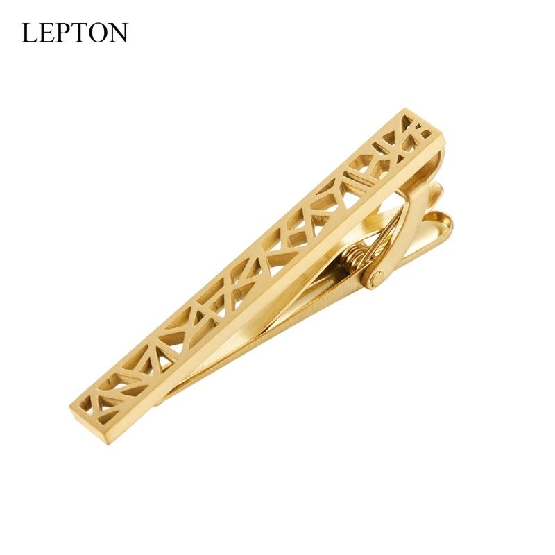 

LEPTON Matte Tie Clips For Men Stainless Steel 14K Gold Plated Hollowed Out Irregular Geometry Tie Bar Business Wedding Gemelos