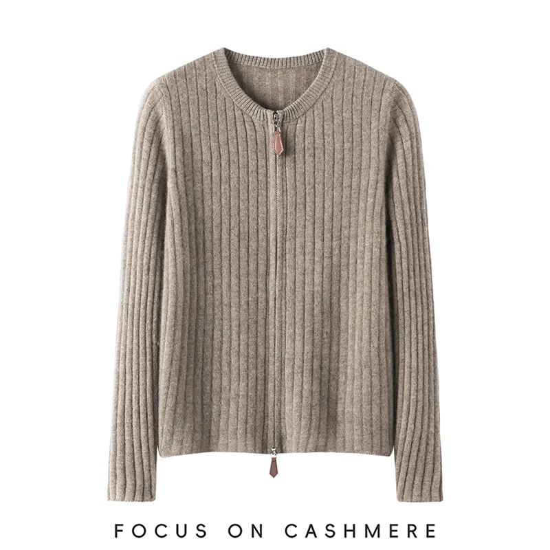 

2025 New Women's O Neck Zip Cardigan 100% Cashmere Simple Fashion Sweater Coat Autumn Winter Classic Casual Knitwear Clothing