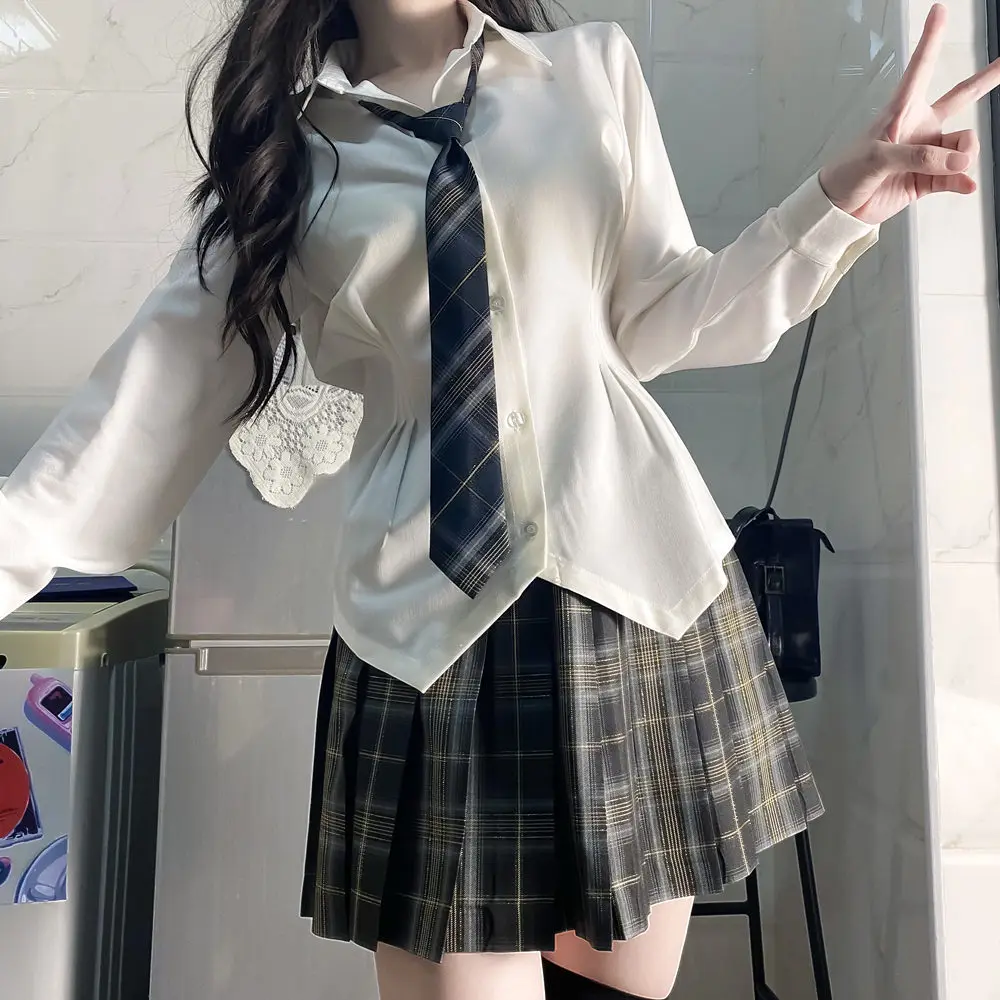 الأصلي اليابانية الخصر التخسيس مرونة طويلة الأكمام JK قميص الإناث الرغبة النقية فتاة ساخنة ضئيلة قميص أبيض أعلى تنورة منقوشة