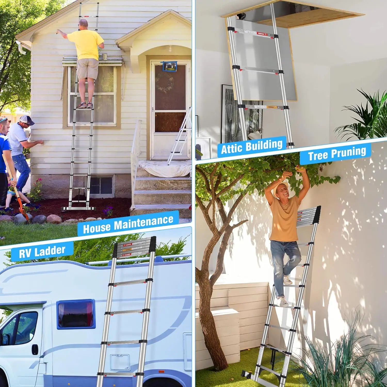 15.5 FT Ladders Stainless Steel - One-Button Retraction Collapsible Extension Ladder for Home,RV,Loft, Lasts 375 LBS with 2 Tria