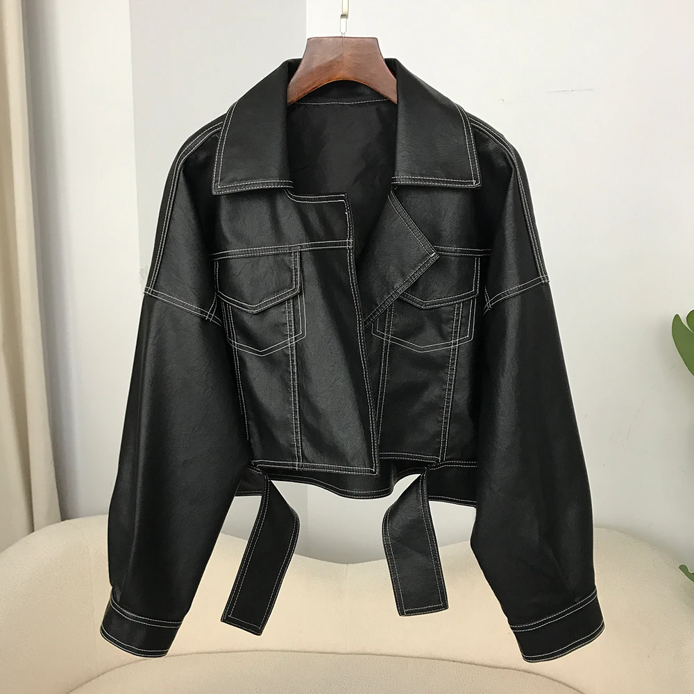 New Biker Jacket Streetwear Faux PU Leather Coat Spring Women Fashion Split Hem Black Lapel Long Sleeve Female Casual Fashion