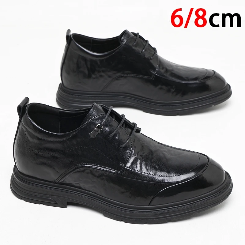 FUQIAO New 6/8CM Platform Cow Leather Height Increase Men Shoes Office Business Wedding Dress Elevator Shoes Man Lift Suit Shoes