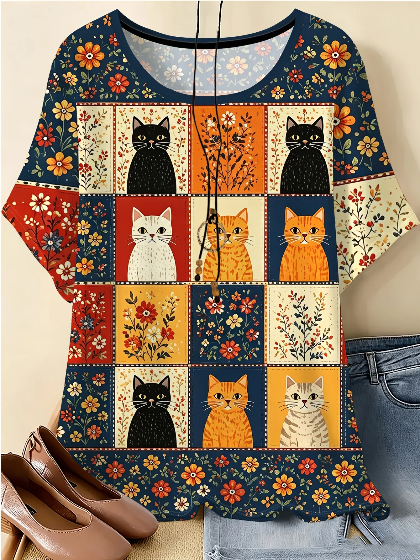 Women Short Sleeve Top Christmas Kitten Snowflake Gift Box Print Round Neck Casual Daily Party Tee Women's Clothes