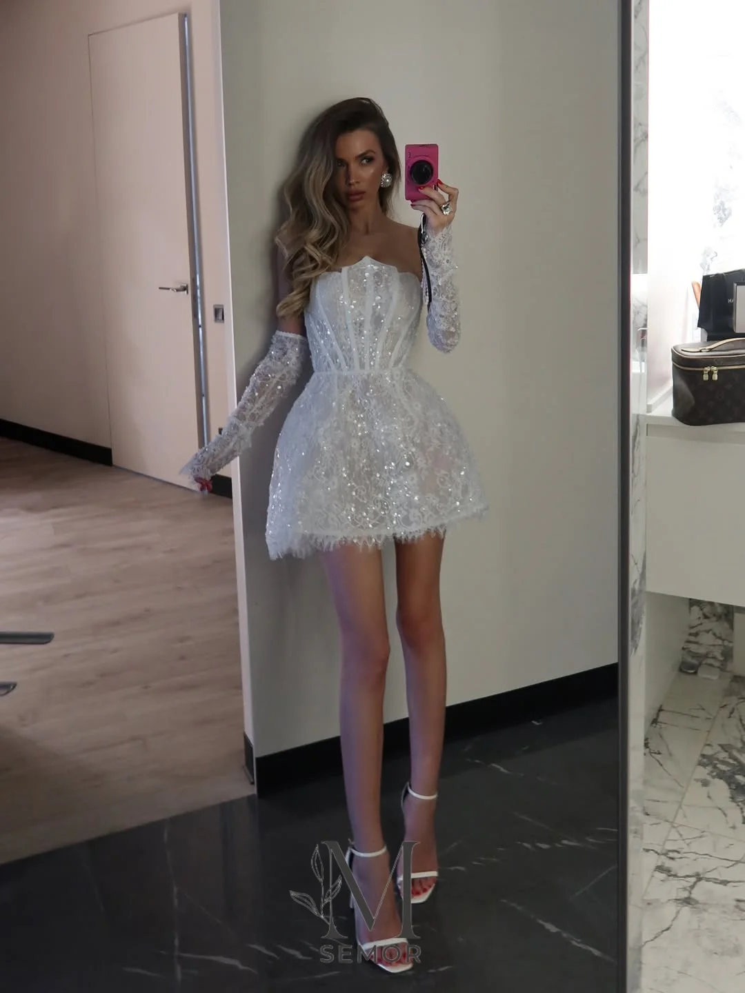 Semor 2026 New Exquisite Lace Short Wedding Dress A-line Strapless Sleeveless Sequin Applique Customized Mini Bride Party Gown image 3
