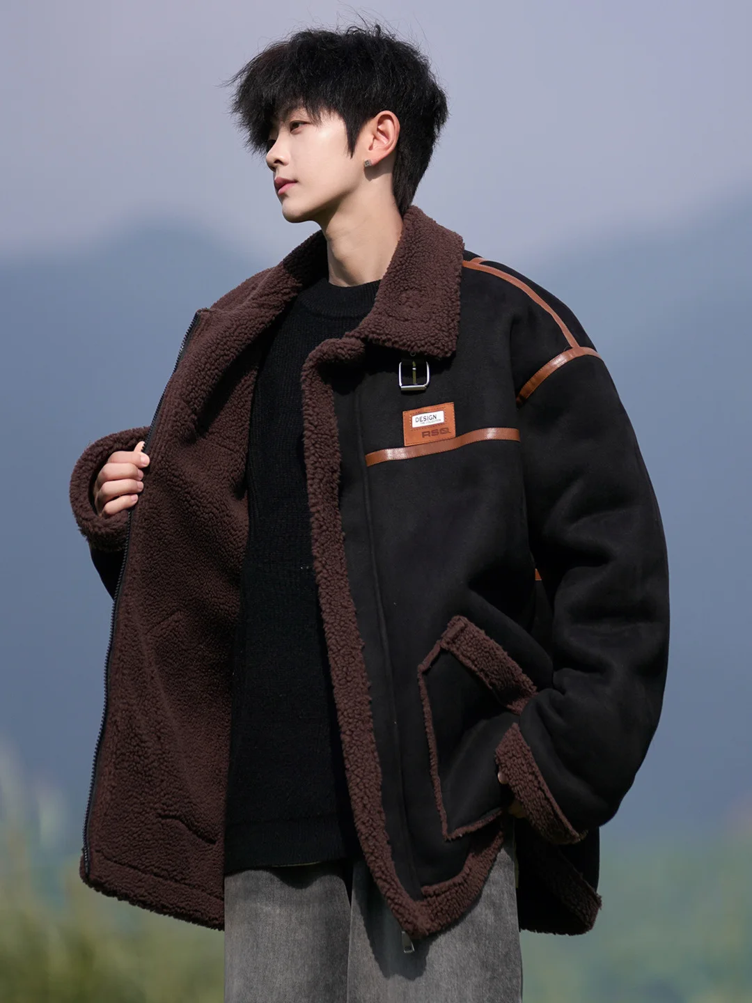 

American Retro Inteated Leather And Fur Cotton Jaet for Men Winter Outerwear plus Size Trendy Loose Lamb Velvet Cotton Coat