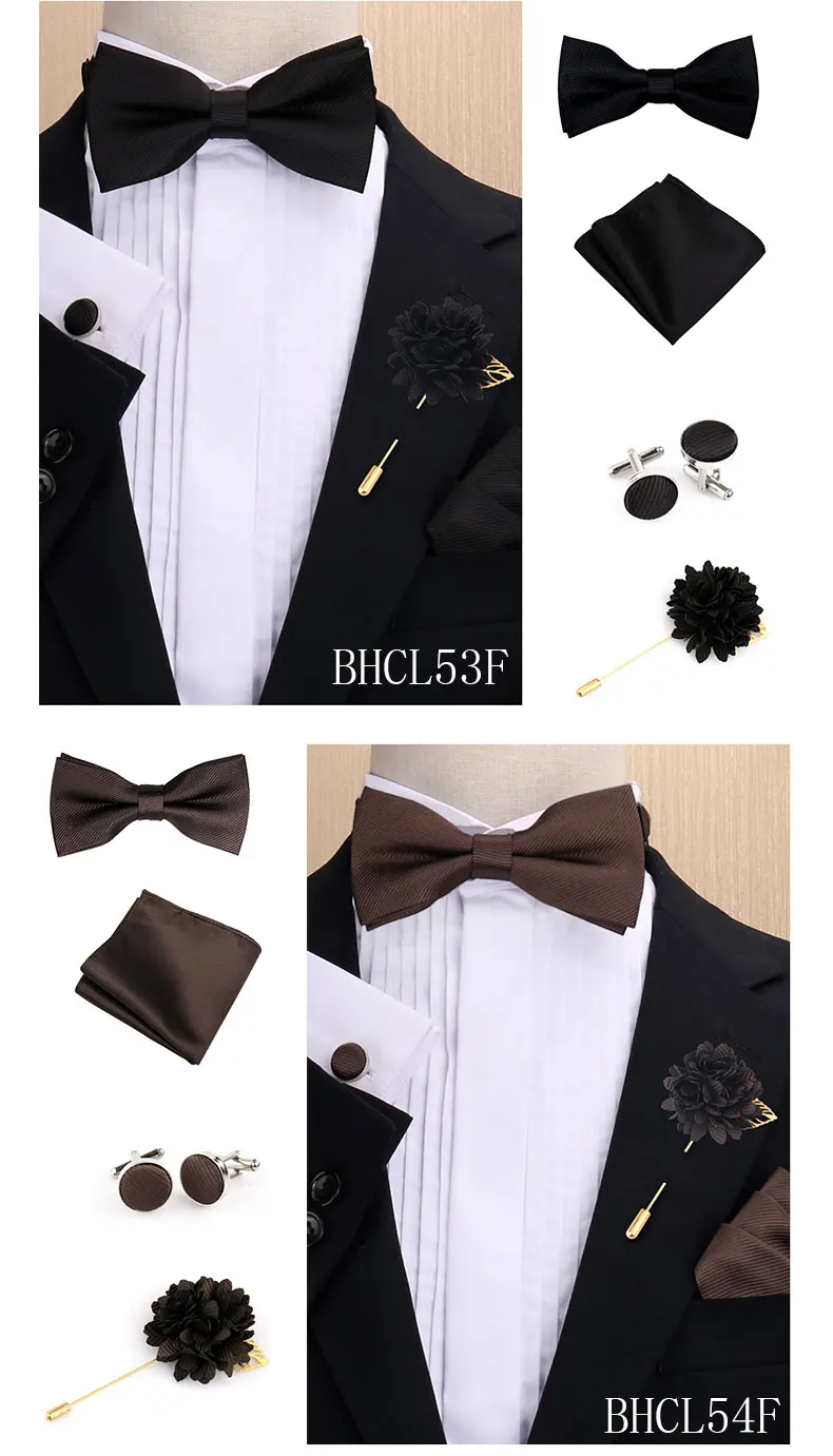 Modisches einfarbiges Fliege-Set für Herren, Fliege, Taschentuch, Manschettenknöpfe mit floraler Brosche, Anzug, Hochzeit, Business, Herren-Accessoires – Detail 14