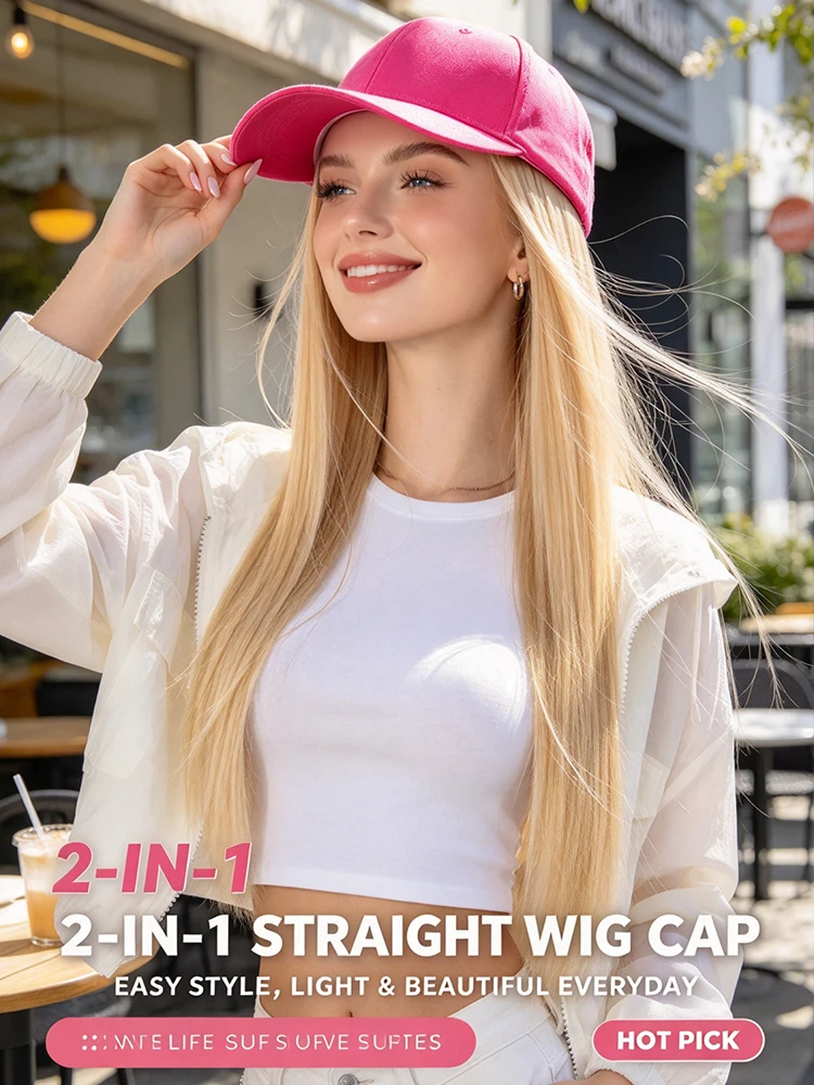 Hat Wigs Cap with Hair Hat Wig Blonde Straight Hair Extensions Synthetic Hair Women Daily Party High Temperature